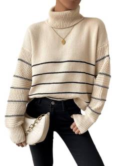 GORGLITTER Pullover Mit Streifen Damen Strickpullover Herbst Grobmaschiger Pullover Sweatshirt Mit Streifen Pullover Mit Rollkragen Aprikosenfarben XS von GORGLITTER