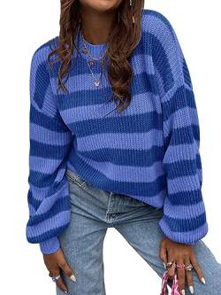 GORGLITTER Pullover Mit Streifen Damen Strickpullover Langarm Pullover Mit Farbblock Sweater Oversized Oberteile Pullover Blau M von GORGLITTER