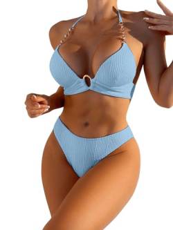 GORGLITTER Push Up Bikini Damen Set Bikini Mit Strass Kette Neckholder Bikini Zweiteiliger Badeanzug Mit Schnürung Bademode Hellblau S von GORGLITTER