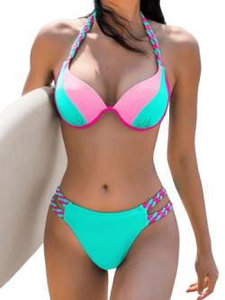 GORGLITTER Push Up Bikini Damen Set Neckholder Bikini Mit Bügel Cut Out Bikini Mit Farbblock Zweiteiliger Badeanzug Lichtblau XS von GORGLITTER