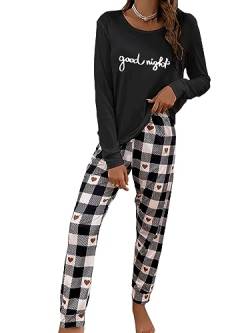 GORGLITTER Pyjama Damen Set Langarm Schlafanzug Karierte Hose Zweiteiliger Pyjama Lange Hose Und Tshirt Loungewear Hausanzug Nachtwäsche Sleepwear Schwarz und Weiß S von GORGLITTER