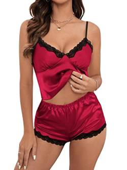 GORGLITTER Schlafanzug Damen Sexy Pyjama Set Satin Nachtwäsche Sommer Kurz Hausanzug Spitzen Cami Top und Shorts Negligee V-Ausschnitt Sleepwear Bordeaux M von GORGLITTER