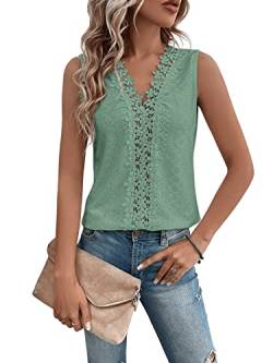 GORGLITTER Spitzen Oberteile Damen Tank Top Mit V Ausschnitt Spitzentop Elegant Tshirt Mit Öse Stickerei Sommer Top Locker Minzgrün S von GORGLITTER