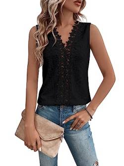 GORGLITTER Spitzen Oberteile Damen Tank Top Mit V Ausschnitt Spitzentop Elegant Tshirt Mit Öse Stickerei Sommer Top Locker Schwarz L von GORGLITTER