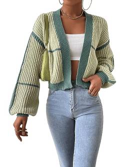 GORGLITTER Strickjacke Damen Kurz Cardigan Mit Streifen Offene Strickjacke Crop Strick Cardigan Casual Strickmantel Grün M von GORGLITTER