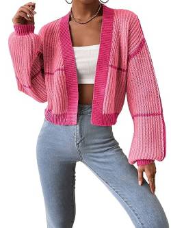 GORGLITTER Strickjacke Damen Kurz Cardigan Mit Streifen Offene Strickjacke Crop Strick Cardigan Casual Strickmantel Rosa S von GORGLITTER