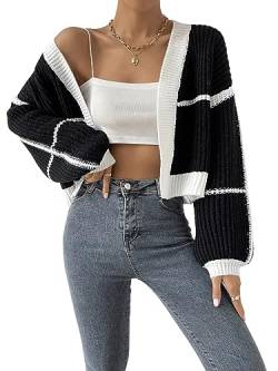 GORGLITTER Strickjacke Damen Kurz Cardigan Mit Streifen Offene Strickjacke Crop Strick Cardigan Casual Strickmantel Schwarz und Weiß S von GORGLITTER