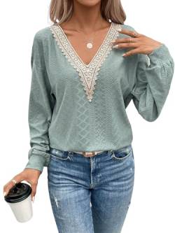 GORGLITTER Sweatshirt Mit Spitze Damen V Ausschnitt Pullover Elegant Oberteil Spitzen Langarmshirt Casual Sweatshirt Kadettenblau S von GORGLITTER