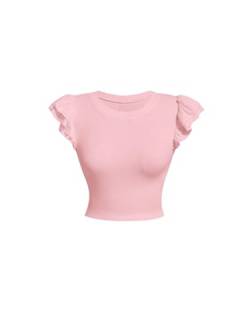 GORGLITTER T-Shirt Damen Elegant Oberteil mit Schmetterlingsärmeln Crop Top Bauchfreies Tshirt Kurzarmshirt Freizeittops Slim Fit Tops Hell-Pink XS von GORGLITTER