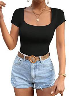 GORGLITTER T-Shirt Damen Sommer Top Mit Eckigem Ausschnitt Basic Shirt Kurzarm Eng Slim Fit Oberteil Schwarz S von GORGLITTER