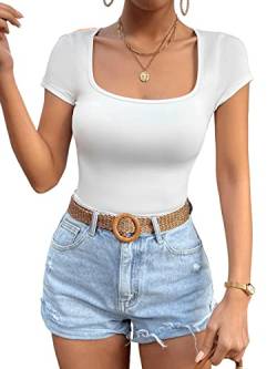 GORGLITTER T-Shirt Damen Sommer Top Mit Eckigem Ausschnitt Basic Shirt Kurzarm Eng Slim Fit Oberteil Weiß M von GORGLITTER