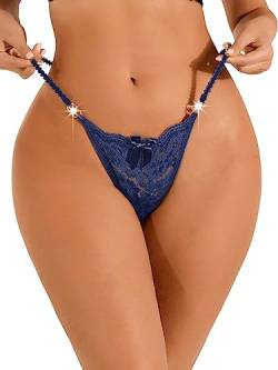 GORGLITTER Tanga Damen Sexy Spitze Durchsichtig String Tanga Mit Spitze Unterwäsche Frauen Mit Strass Tangahose Glitzer Marineblau L von GORGLITTER