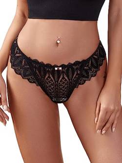 GORGLITTER Tanga Damen Sexy Spitze Durchsichtig String Tanga Mit Spitze Unterwäsche Höschen Mit Schleife Schwarz L von GORGLITTER