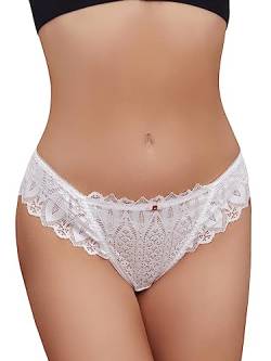 GORGLITTER Tanga Damen Sexy Spitze Durchsichtig String Tanga Mit Spitze Unterwäsche Höschen Mit Schleife Weiß S von GORGLITTER