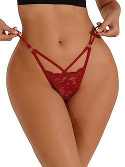 GORGLITTER Tanga Damen Sexy Spitze Durchsichtig Unterwäsche Mit Spitze Cut Out String Tanga Spitzen Thong Bordeaux M von GORGLITTER