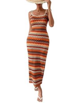 GORGLITTER Tank Kleid mit Vielfarbig Damen Sommerkleid Langes Elegant Freizeitkleid mit Schlitz Sommer Strandkleid Orange XS von GORGLITTER