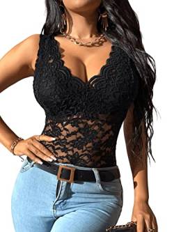 GORGLITTER Tank Top Mit Spitze Damen Spitzentop Mesh Oberteil Sommer Top Mit V Ausschnitt Sexy Netzstoff Shirt Schwarz L von GORGLITTER