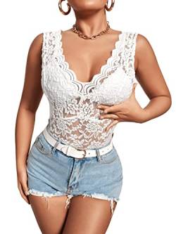 GORGLITTER Tank Top Mit Spitze Damen Spitzentop Mesh Oberteil Sommer Top Mit V Ausschnitt Sexy Netzstoff Shirt Weiß XL von GORGLITTER