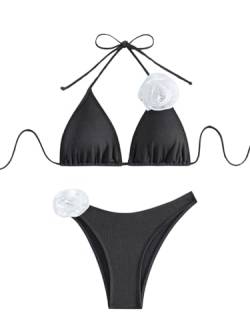 GORGLITTER Triangel Bikini Damen Set Bikini Mit Blumen Neckholder Bikini Set Zweiteiliger Badeanzug Strick Bikini Schwarz L von GORGLITTER