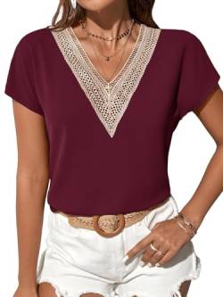 GORGLITTER V Ausschnitt Bluse Damen Bluse Mit Spitze Elegant Blusenshirt Bluse Mit Farbblock Maroon L von GORGLITTER