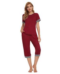 GOSO Damen Kurz Pyjama Set Rundhals Weich Damen Pyjama Loungewear Niedlich Kurzarm PJ Set Nachtwäsche Nachtwäsche für Sommer Blau, Red01, 48 von GOSO