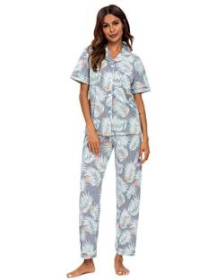 GOSO Damen Schlafanzug Frauen Pyjamas-Button Down Damen Pyjama Pjs Blumen Langarm Nachtwäsche Lady Lounge Soft Sets,L,02grau von GOSO