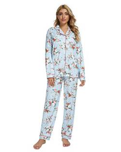 GOSO Damen Schlafanzug Frauen Pyjamas-Button Down Damen Pyjama Pjs Blumen Langarm Nachtwäsche Lady Lounge Soft Sets,L,Blau Rot von GOSO