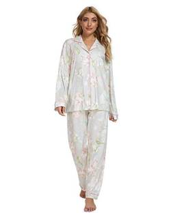 GOSO Damen Schlafanzug Frauen Pyjamas-Button Down Damen Pyjama Pjs Blumen Langarm Nachtwäsche Lady Lounge Soft Sets,M,Beige von GOSO