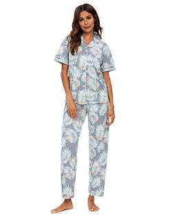 GOSO Damen Schlafanzug Frauen Pyjamas-Button Down Damen Pyjama Pjs Blumen Langarm Nachtwäsche Lady Lounge Soft Sets,S,02grau von GOSO