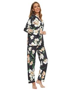 GOSO Pyjama Damen Set Weich Schlafanzug mit Knopfleiste Sleepwear Set Nachtwäsche Hausanzug Zweiteiliger Nachtwäsche von GOSO