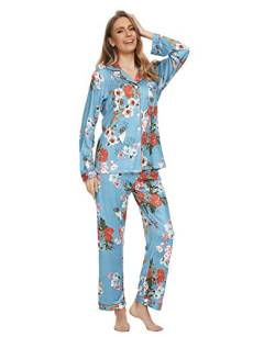 GOSO Schlafanzug Damen Pyjama Set - Knopfleiste Damen Schlafanzug mit Blumenmuster Langarm Zweiteilige Nachtwäsche Soft Lounge Sets von GOSO