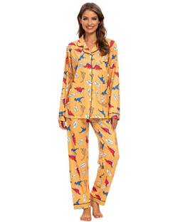 GOSO Schlafanzug Damen Pyjama Set - Knopfleiste Damen Schlafanzug mit Blumenmuster Langarm Zweiteilige Nachtwäsche Soft Lounge Sets von GOSO