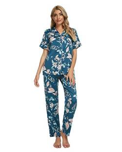 GOSO Schlafanzug Damen Pyjamas Set-Satin Pyjama Damen Button Down Pjs Kurzarm Top und Hosen Nachtwäsche Lady Nightwear Soft Sets von GOSO