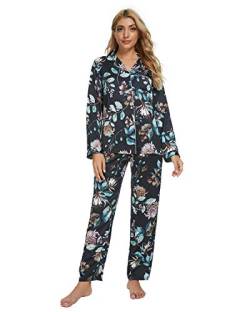 GOSO Schlafanzug Damen Pyjamas Set-Satin Pyjama Damen Button Down Pjs Langarm Top und Hosen Nachtwäsche Lady Nightwear Soft Sets von GOSO