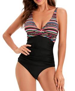 GOTIMAL V Ausschnitt Badeanzug Damen Push up Bademode bauchweg Strandmode sportlich Schwimmanzug Böhmische Streifen mit schwarz L von GOTIMAL