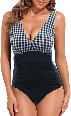 GOTIMAL V Ausschnitt Badeanzug Damen Push up Bademode bauchweg Strandmode sportlich Schwimmanzug weißes Quadrat mit Schwarz XL von GOTIMAL