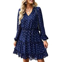 Damen A-Linie Polka Dot Minikleid V-Ausschnitt Elegant Langarm Tunika Puffärmeln Rüschen Swing Freizeitkleid(M-violett blau) von GOTOTOP