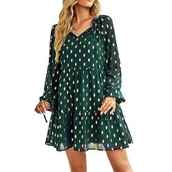 Damen A-Linie Polka Dot Minikleid V-Ausschnitt Elegant Lose Langarm Tunika Boho Rüschen Swing Freizeitkleid(L-Dunkelgrün) von GOTOTOP