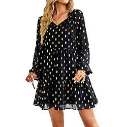 Damen A-Linie Polka Dot Minikleid V-Ausschnitt Elegant Lose Langarm Tunika Boho Rüschen Swing Freizeitkleid(M-Schwarz) von GOTOTOP