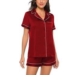 Damen Elegant Bluse Kurz Hose Pyjama Kunstseide Schlafanzug Zweiteilige Dessous Nachtwäsche Shorts mit Knopf (S) von GOTOTOP