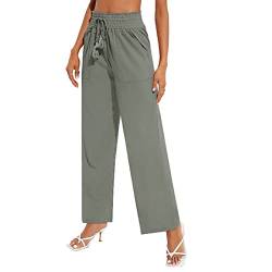 Damen High Waist Culottes Elastische Plissee Bund Weitem Bein Leichte Schlaghose Casual Loose Fit Trousers mit Kordelzug und Tasche(L-Grün) von GOTOTOP