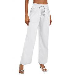 Damen High Waist Culottes Elastische Plissee Bund Weitem Bein Leichte Schlaghose Casual Loose Fit Trousers mit Kordelzug und Tasche(L-Weiß) von GOTOTOP