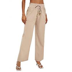 Damen High Waist Culottes Elastische Plissee Bund Weitem Bein Leichte Schlaghose Casual Loose Fit Trousers mit Kordelzug und Tasche(S-Khaki) von GOTOTOP