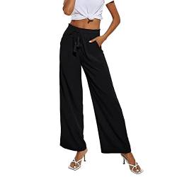 Damen High Waist Culottes Elastische Plissee Bund Weitem Bein Leichte Schlaghose Casual Loose Fit Trousers mit Kordelzug und Tasche(XL-Schwarz) von GOTOTOP