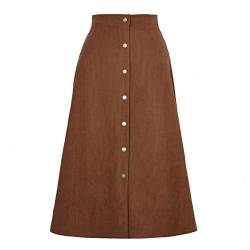 Damen Kordrock Midirock Hohe Taille A Linie Skirt mit Taste Vintage Retro Basic Cordrock (XL-Braun) von GOTOTOP