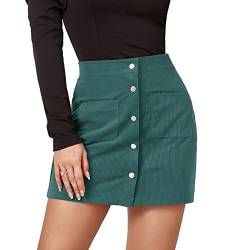 Damen Kordsamt Minirock mit Hoher Taille A-Linie Slim Fit Wickelrock mit Taschen für Herbst Winter(L-Grün) von GOTOTOP