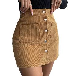 Damen Kordsamt Minirock mit Hoher Taille A-Linie Slim Fit Wickelrock mit Taschen für Herbst Winter(L-Ingwer) von GOTOTOP