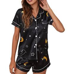 Damen Pyjama Satin V Ausschnitt Schlafanzug Drucken Kurz Negligee Loungewear mit Knopfleiste und Tasche(L-Typ 2) von GOTOTOP