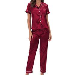 Damen Pyjama Satin V Ausschnitt Schlafanzug Kurzarm Hose Negligee Loungewear mit Knopfleiste und Tasche(L-rot) von GOTOTOP