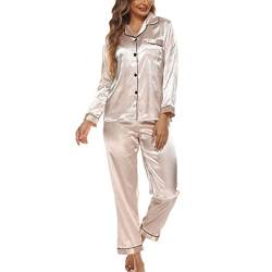 Damen Pyjama Satin V Ausschnitt Schlafanzug Lang Hose und Tops Negligee Loungewear mit Knopfleiste und Tasche(XXL-Champagner) von GOTOTOP